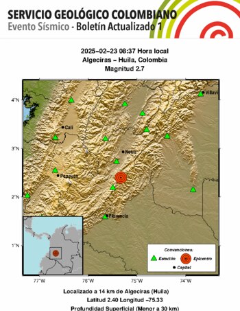 En la mañana del domingo 23 de febrero se registró un temblor en el departamento de Huila - crédito SGC