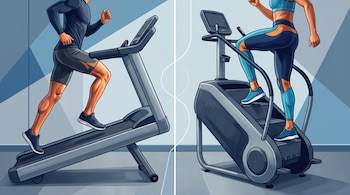 Un hombre corre en una cinta inclinada y una mujer entrena en una máquina escaladora en un gimnasio ilustrado.