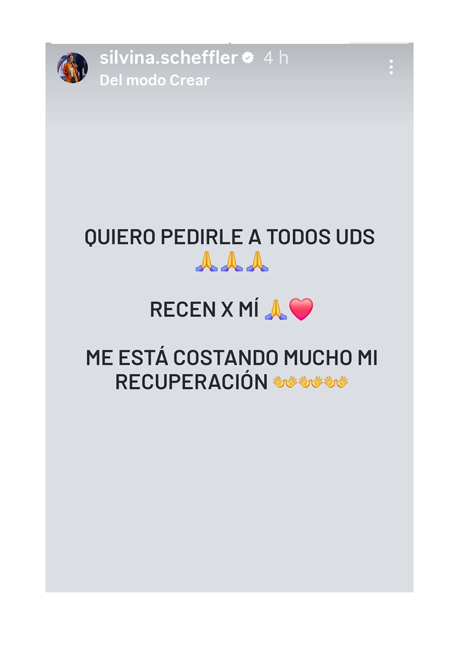 Silvina Scheffler y su pedido de oración para recuperar su salud (Instagram)