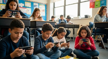En un aula, varios niños se enfocan en sus teléfonos móviles. Algunos están sentados en escritorios y otros en el suelo, con una maestra observando al fondo.