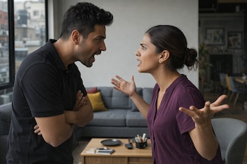 Primer plano de un hombre y una mujer gritándose mutuamente, con expresiones de enojo, en una sala con un sofá gris al fondo.