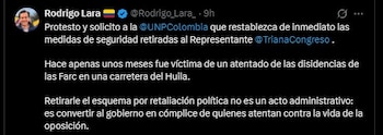 Rodrigo Lara publicó en su cuenta de X que el Gobierno le retiró parte de su esquema de seguridad tras el discurso de réplica que pronunció el 20 de julio, y sugirió que la decisión estaría relacionada con esa intervención - crédito Rodrigo Lara/X
