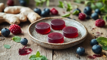 Dulces de gelatina, frutos rojos frescos, presentación creativa, gomitas circulares, arándanos, frambuesas, postre atractivo. - (Imagen Ilustrativa Infobae)