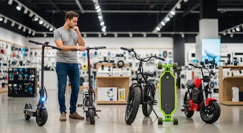 Joven con camiseta gris y jeans en una tienda, examinando dos patinetes eléctricos, una bicicleta eléctrica, un longboard y una minimoto eléctrica.