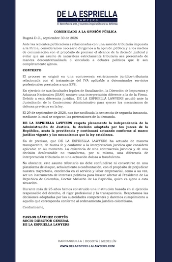 La firma aseguró que respetará la independencia judicial y afirmó que continuará actuando conforme al marco jurídico vigente tras la notificación del fallo el 29 de septiembre de 2026 - crédito @DELAESPRIELLALA/X