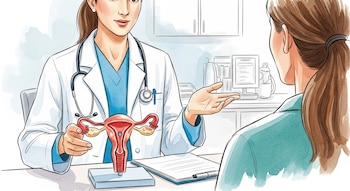Ilustración en acuarela de una doctora explicando a una paciente con un modelo anatómico del aparato reproductor femenino en un consultorio.