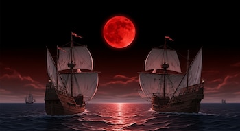 Cuatro barcos de vela antiguos navegan en un mar oscuro. En el centro superior, una luna llena de color rojo intenso ilumina la escena y el reflejo en el agua.