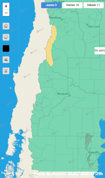 Mapa meteorológico da Argentina e do Chile com alertas. Área amarela da serra. Ícone de zoom e evento. Cidades como Mendoza, Neuquén. Data de lançamento 08/07/2026
