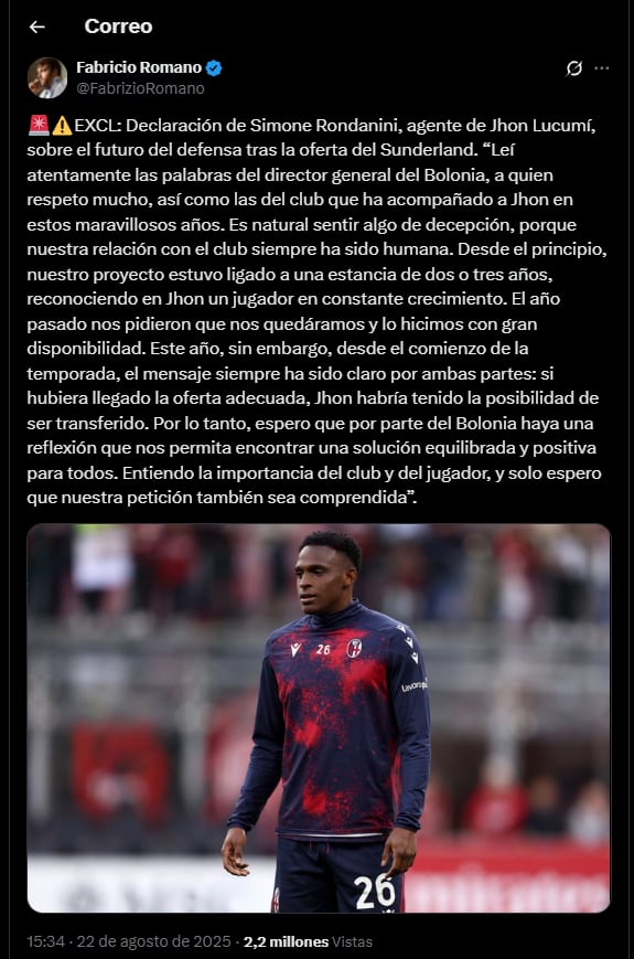 El periodista especializado en fichajes informó sobre las declaraciones del agente del defensor colombiano, que pertenece a Bolonia de Italia-crédito @FabrizioRomano/X