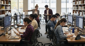 Varios adultos jóvenes sentados en escritorios con computadoras, tabletas y libros dentro de una biblioteca con estanterías y ventanas grandes.