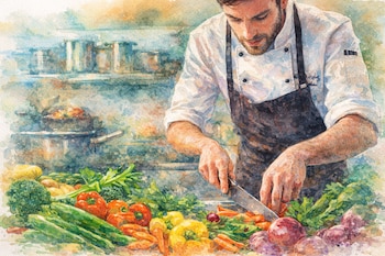 Ilustración acuarela de un chef con delantal oscuro y camisa blanca, cortando zanahorias sobre una tabla con un cuchillo, rodeado de vegetales.