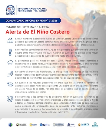 Comunicado oficial de ENFEN con el título "Alerta de El Niño Costero", mostrando texto, íconos de clima y logos de instituciones peruanas sobre un fondo borroso