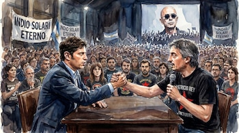 Acuarela: Kicillof y Kirchner se dan la mano sobre una mesa, con una multitud de fanáticos de rock y pancartas de Indio Solari al fondo.