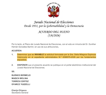 Documento oficial del Jurado Nacional de Elecciones de Perú, titulado "Acuerdo del Pleno (5/6/2026)", que declara inviable la solicitud de Delia Espinoza