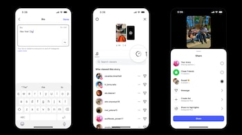 Tres pantallas de teléfono móvil muestran la interfaz de Instagram Plus, incluyendo la edición de biografía, la lista de espectadores de historias y las opciones de compartir