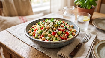 Tazón de ensalada de quinoa con garbanzos, tomate, pepino y pimiento sobre un mantel junto a un tenedor y un vaso con agua y limón.