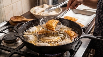 Empanadas en una sartén con aceite caliente, una mano que sostiene una espumadera metálica y varios recipientes con comida.