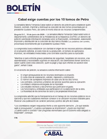 Comunicado de prensa sobre los "Tomos de Gustavo Petro" - crédito María Fernanda Cabal