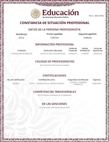 Constancia profesional del alcalde buscado. Crédito: SEP
