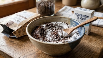 Un tazón de cerámica contiene una mezcla de café molido oscuro y polvo blanco de bicarbonato de sodio, con una cuchara de madera. Alrededor, un paquete de café y una caja de bicarbonato
