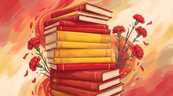 Diecisiete libros apilados con lomos rojos y amarillos. Seis claveles rojos con pétalos dispersos. Fondo de pinceladas cálidas.