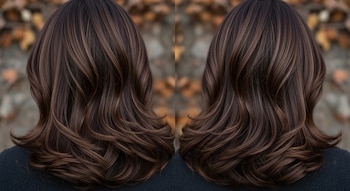 Vista trasera del cabello ondulado de una mujer con tonos chocolate profundo y moka, con reflejos cálidos. Fondo otoñal difuminado.