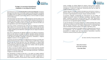 Unas 16.500 solicitudes de refugio de ciudadanos de Nicaragua ubicaron a Costa Rica como principal receptor de la diáspora forzada por la persecución del régimen. (Cortesía: Colectivo Nicaragua Nunca Más)