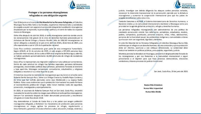Unas 16.500 solicitudes de refugio de ciudadanos de Nicaragua ubicaron a Costa Rica como principal receptor de la diáspora forzada por la persecución del régimen. (Cortesía: Colectivo Nicaragua Nunca Más)