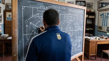 Hombre de espaldas con buzo azul de la AFA con tres estrellas, escribe con tiza blanca en una pizarra negra con diagramas de fútbol y texto.
