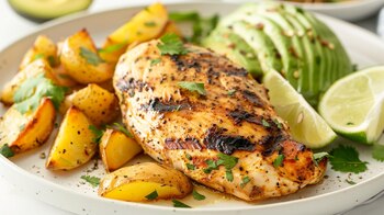 Plato de pollo a la parrilla con guarnición de papas y aguacate, comida saludable, receta de pollo marinado, cena ligera, parrillada al aire libre, pollo con vegetales, comida nutritiva - (Imagen Ilustrativa Infobae)