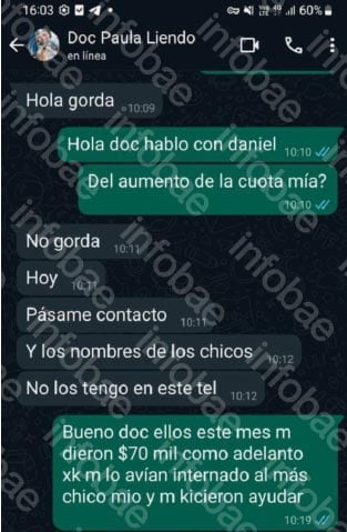 Chat atribuído a Paula Liendo, una de las procesadas en la causa