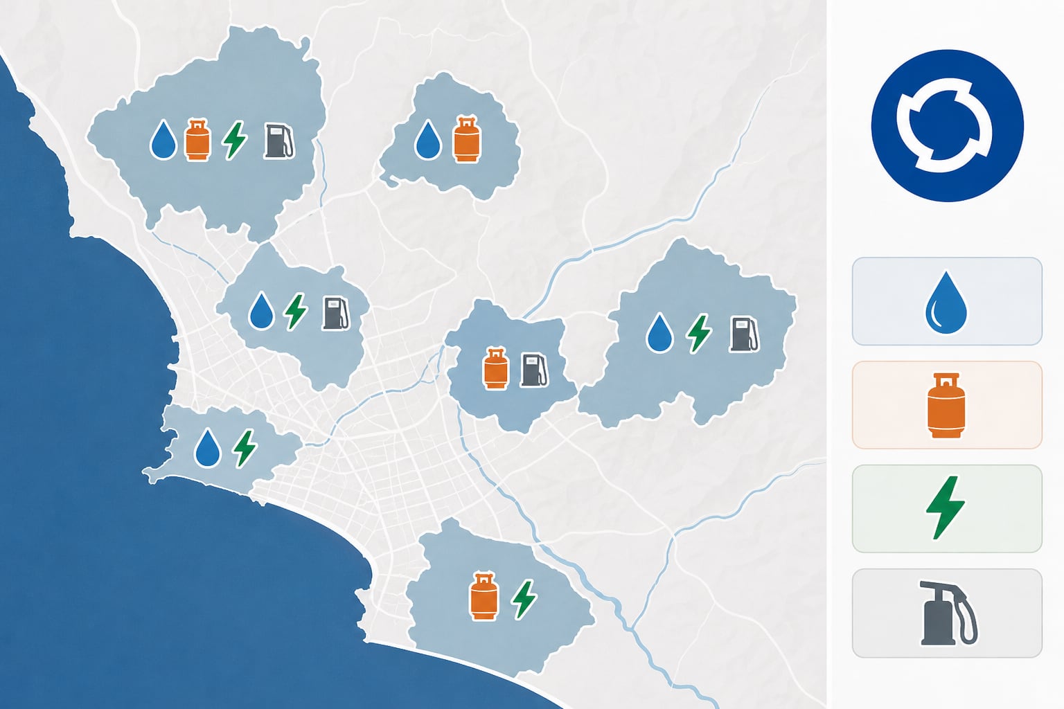 Un mapa de Lima señala la disponibilidad de combustibles como gasohol, GLP, GNV y diésel en varios distritos de la capital peruana. (Imagen Ilustrativa Infobae)