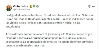 La representante Cathy Juvinao solicitó al Gobierno colombiano exigir explicaciones a Estados Unidos por la muerte de Joan Sebastián Durán durante un operativo del ICE - crédito @CathyJuvinao/X