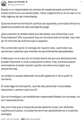 Mary Luz Herrán cuestionó que Salvatore Mancuso sea usado como aliado político - crédito @MaryLuzHerran/X
