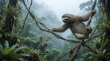 Un perezoso sujetado a lianas en un entorno vegetal denso rodeado de neblina y bromelias.