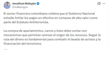 Jonathan Malagón, presidente de Asobancaria, dijo que la compra de apartamentos, carros y lotes debe contar con mecanismos que permitan rastrear el origen de los recursos - crédito @JoMalagon/X