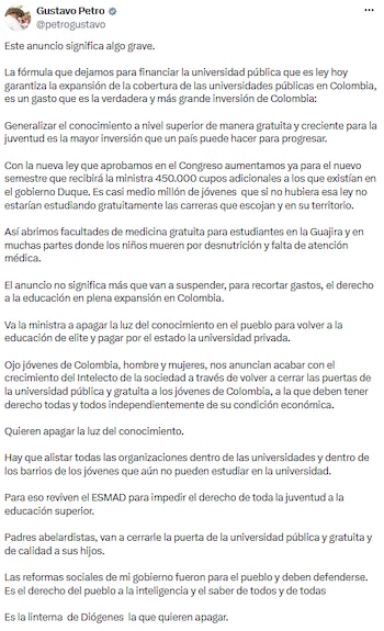 Petro defendió la reforma impulsada durante su Gobierno y afirmó que garantiza la expansión de la educación superior pública. - crédito @petrogustavo/X