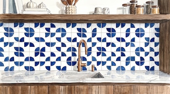 Ilustración en acuarela de un fregadero de cocina con grifo de cobre, encimera de mármol, azulejos azules y una repisa de madera.