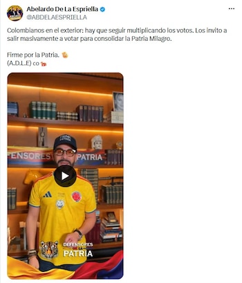 El candidato presidencial Abelardo de la Espriella agradeció a los colombianos en el exterior por el respaldo que, según dijo, le dio la victoria en primera vuelta, y pidió elevar la movilización de cara al balotaje del 21 de junio de 2026 - crédito @ABDELAESPRIELLA/X