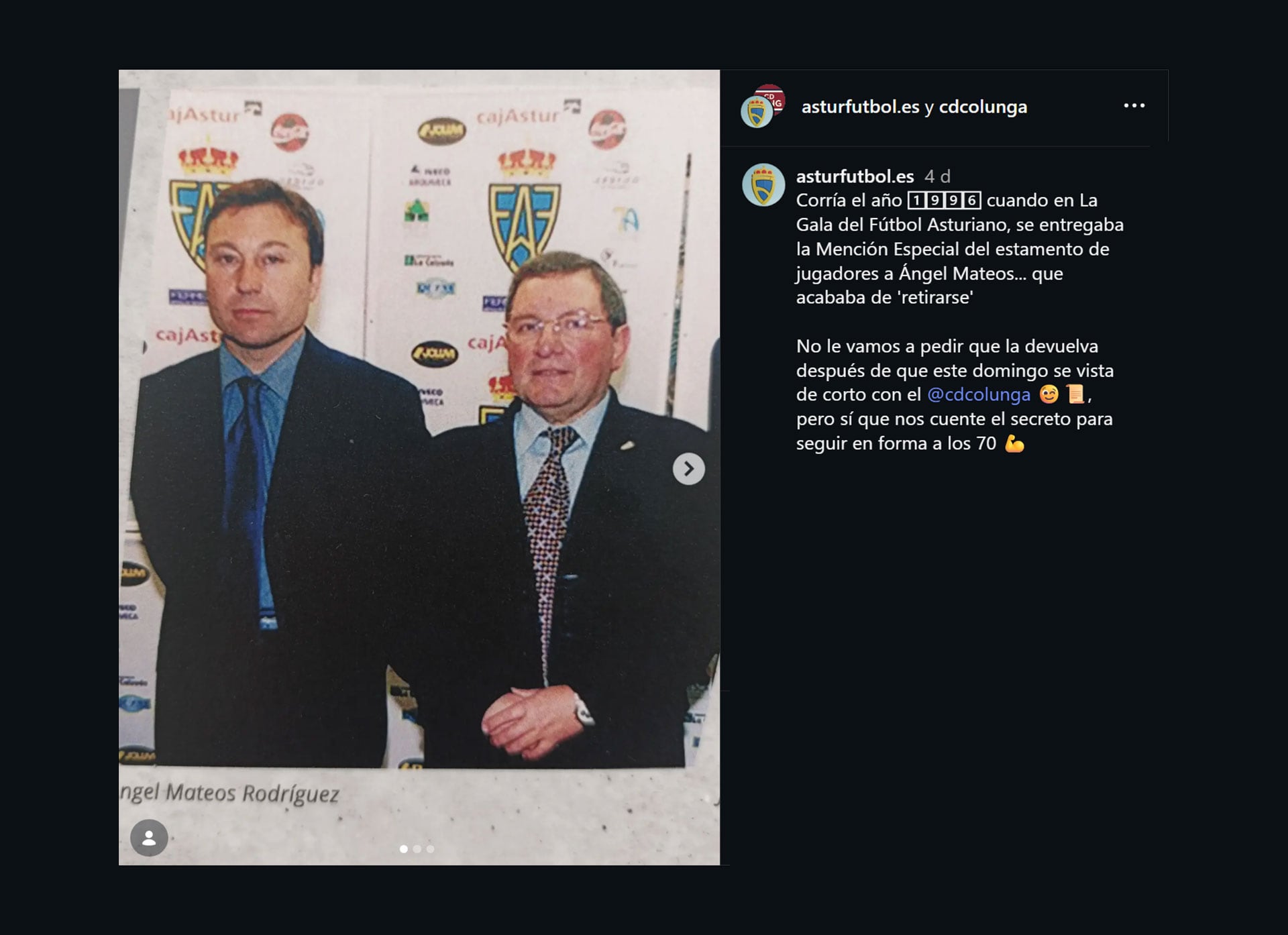 Hace 30 años, en la Gala del Fútbol Asturiano, le entregaron a Mateos una mención especial (@cdcolunga)