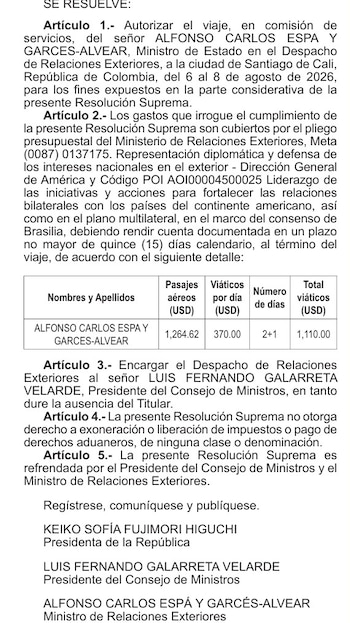 La Resolución Suprema establece el viaje oficial del Ministro de Relaciones Exteriores, Carlos Espá, a Cali, Colombia, del 6 al 8 de agosto de 2026, y detalla sus viáticos.