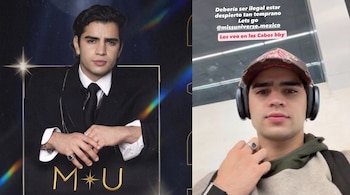 Retrato de un hombre en traje junto al logotipo M U y una foto propia del mismo individuo con gorra y audífonos con texto sobrepuesto.