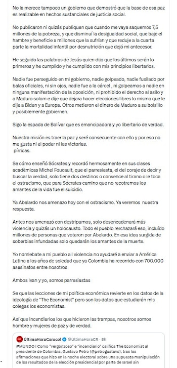 El mandatario respondió a las críticas de The Economist, revista que calificó sus declaraciones sobre las elecciones como incendiarias, y defendió la validez de los análisis realizados por su equipo - crédito @petrogustavo/X