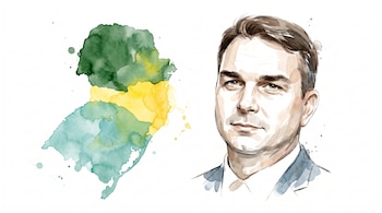 Retrato en acuarela de Flavio Bolsonaro a la derecha y un mapa en tonos verde, amarillo y azul del sur de Brasil a la izquierda.