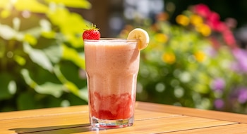 Vaso alto de licuado con capas roja y rosa claro, decorado con una fresa entera y una rodaja de plátano, sobre una mesa de madera. Fondo borroso de jardín.
