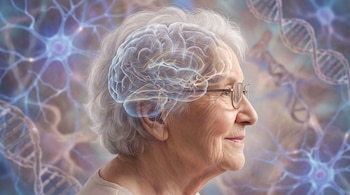 Retrato de perfil de una mujer mayor con gafas, cabello blanco y un cerebro translúcido superpuesto; el fondo muestra redes neuronales y cadenas de ADN.