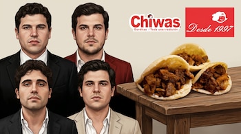 Retratos de cuatro hombres, Los Chapitos, aparecen a la izquierda; a la derecha, tres gorditas de guisado en una mesa de madera y el logo de Gorditas Chiwas.