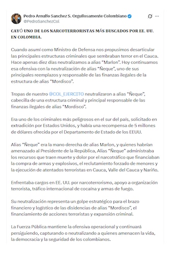 Ministro de Defensa se pronunció tras la neutralización de alias Ñeque
