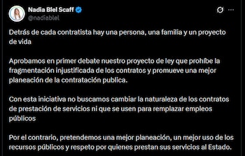 La senadora Nadia Blel Scaff anunció la aprobación en primer debate del proyecto que modificaría la forma de contratación por prestación de servicios con el Estado - crédito @nadiablel/X