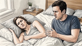 Dibujo de una mujer acostada en la cama con una almohada, con expresión de preocupación, y un hombre sentado a su lado que le habla con seriedad